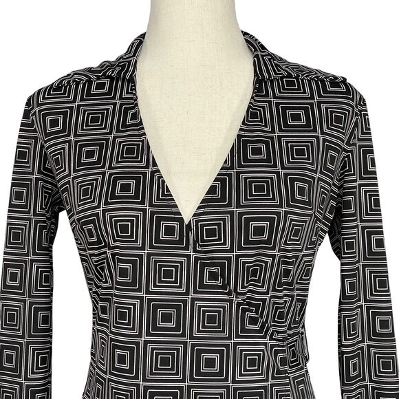 Express Wrap Dress Women Size 3/4 Black Geometric Surplice V-Neck Collared - Picture 3 of 12